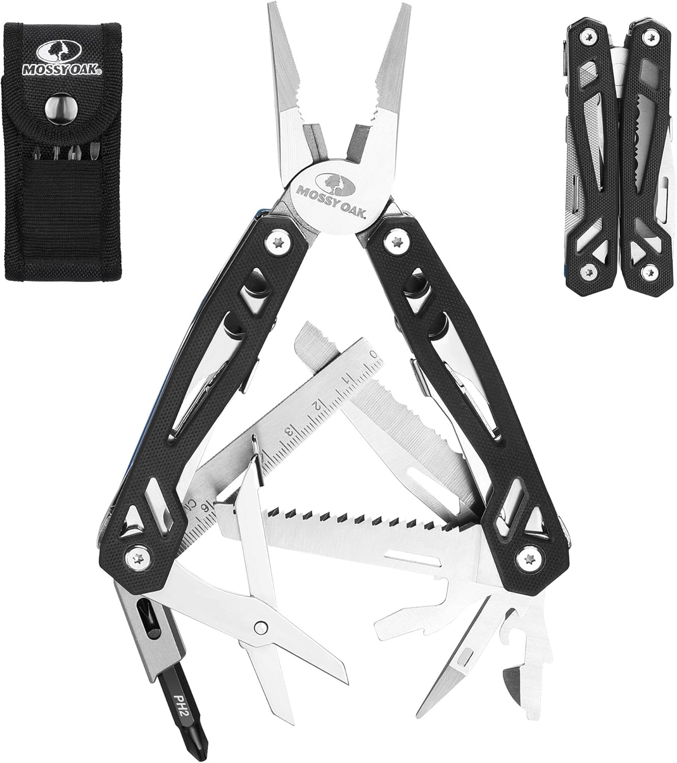 Mossy Oak 22-in-1 Multi-Tool Pliers Includes Carry Bag |Stainless Steel Multifunctional Tool Featuring A Wire Cutter, Bottle Opener, and Screwdriver | Perfect for Camping and Maintenance | Black