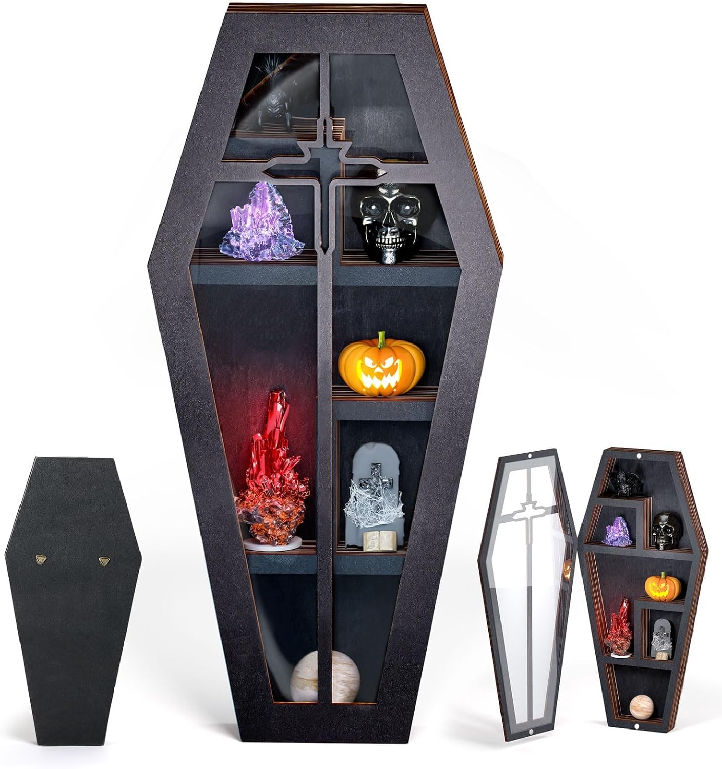Qmetalart Coffin Shelf with Acrylic Dust Cover, Wooden Gothic Decor for Display or Storage Rocks Mini Figures, Cross Cut-Out Design, Wall Hanging & Tabletop Crystal Display Shelf Gothic Home Decor