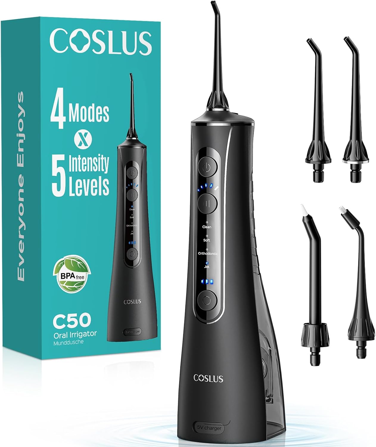 COSLUS ADA Accepted C50 Water Dental Flosser, 4 Modes 5 Power Levels, Black