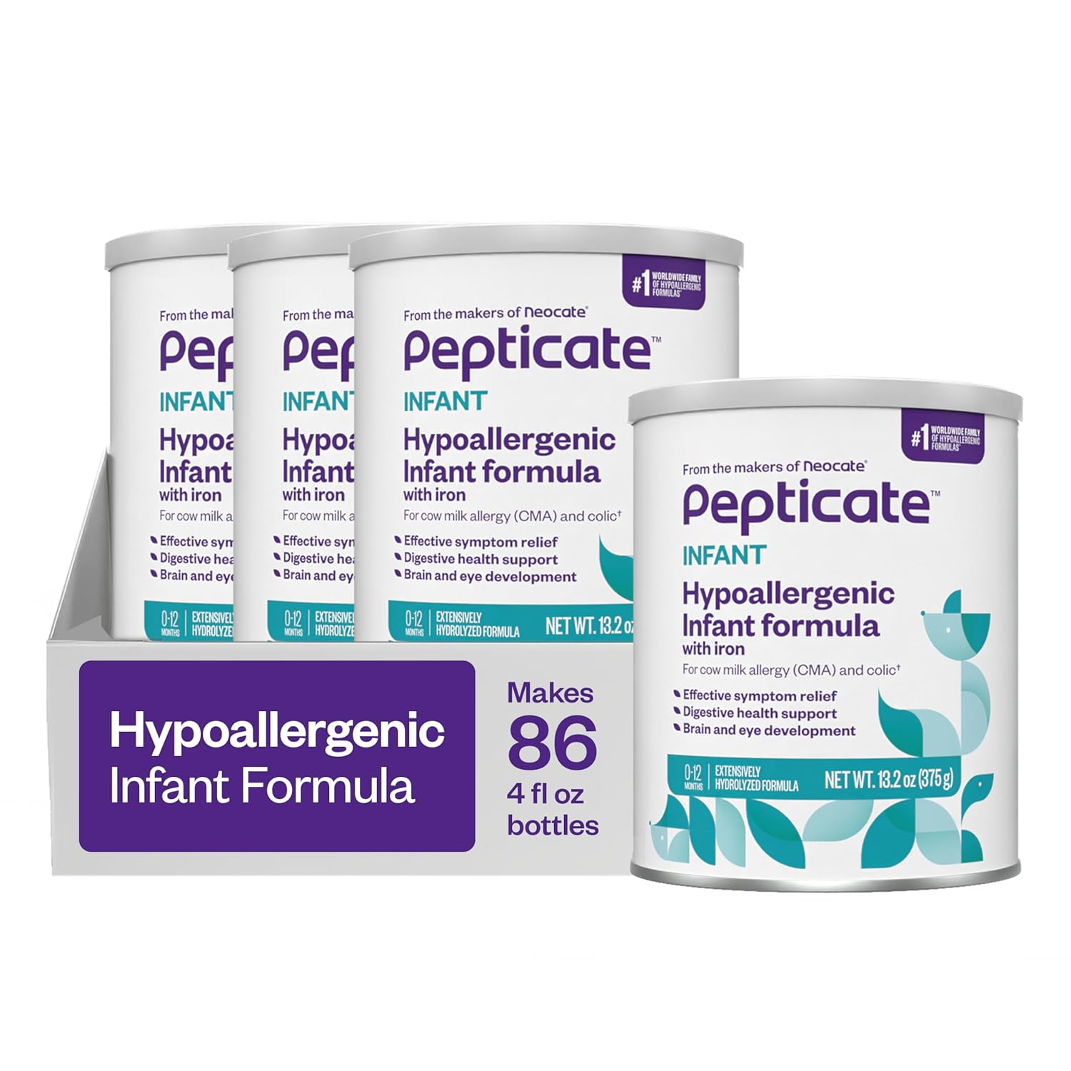 Pepticate Baby Formula, Hypoallergenic Powdered Infant Formula for Cow Milk Allergy, with Omega 3 DHA, ARA, Iron & Prebiotics, 13.2oz (Pack of 4)