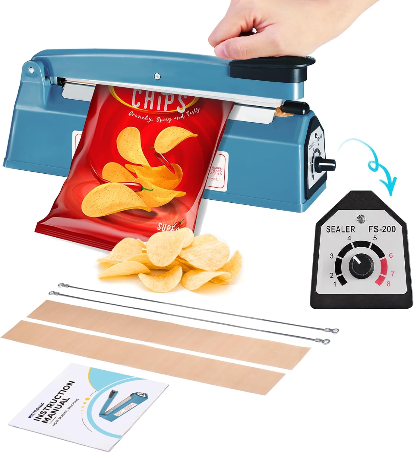 METRONIC Impulse Heat Sealer 8 Inch, Manual Bags Sealer Heat Sealing Machine Impulse, Sealer Machine for Plastic Bags PE PP Bags with Extra Replace Element Grip