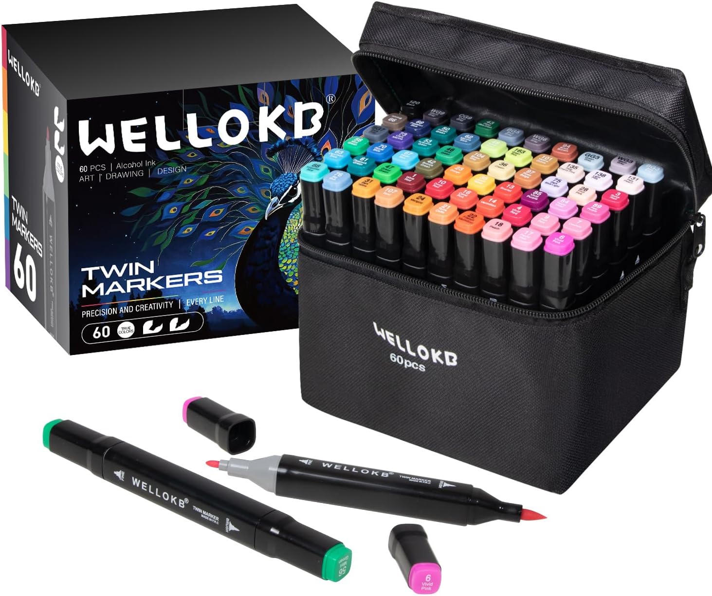 WELLOKB Alcohol Markers, 60 colors Alcohol Based Dual Tip, Brush and Fine Tip for Adult Coloring Books, Drawing, Sketching for Adult Coloring, Book Painting and Card Making