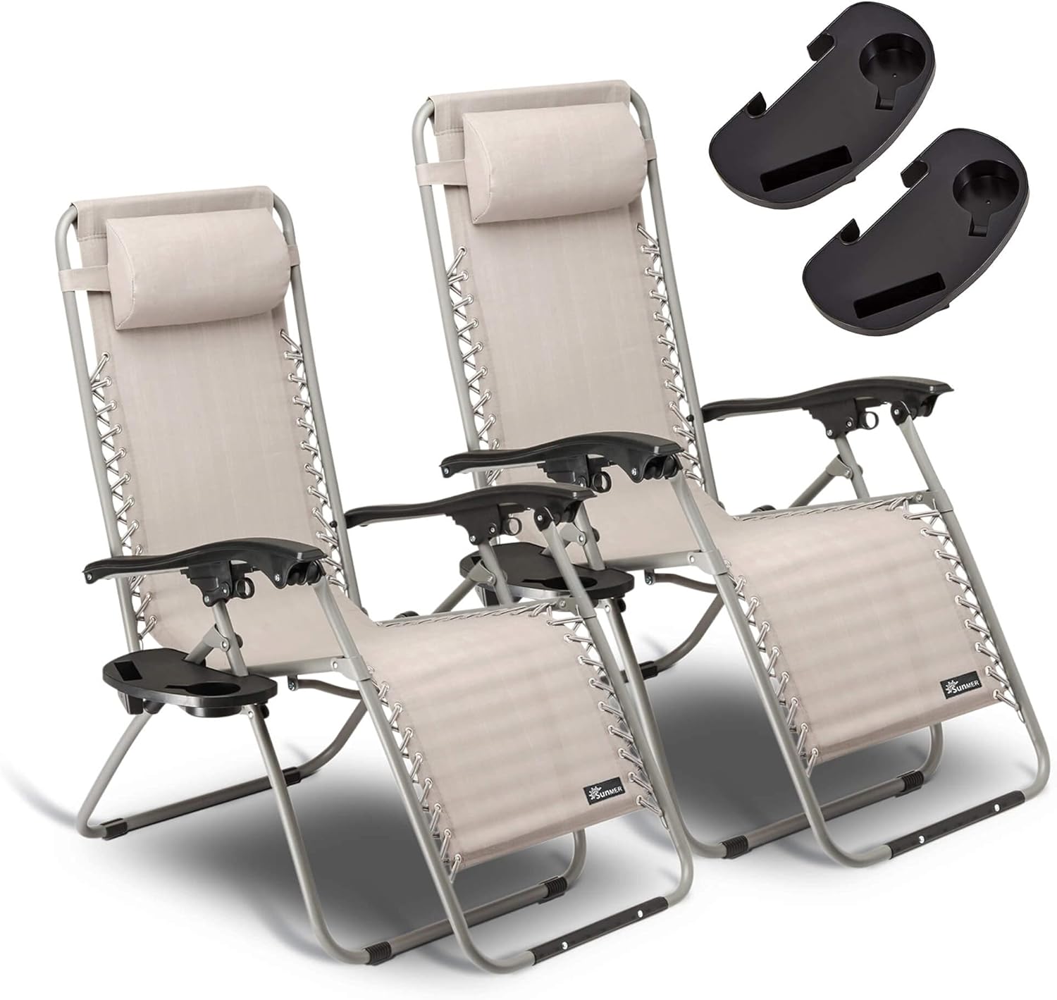 SUNMER Set of 2 Sun Lounger Garden Chairs With Cup And Phone Holder | Adjustable Headrest Pillow | Deck Folding Recliner Zero Gravity Outdoor Chair - Grey