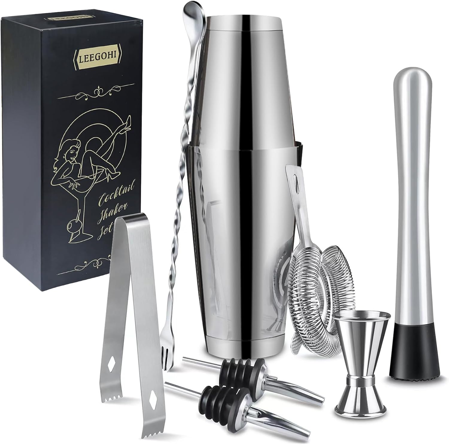 Boston Cocktail Shaker Set|8pcs Cocktail Making Set Stainless Steel 700/600mlShakers|Bartender Kit Bar Tool Set with Strainer, Pourers, Muddler, Double Jigger, Mixing Spoon at Home & Bar Gift Set