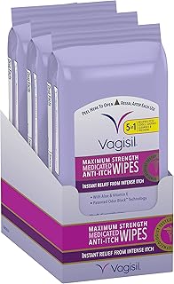 Vagisil Wipes, Anti-Itch Medicated Feminine Vaginal Wipes, Maximum Strength, Instant Relief, 20 Wipes (Pack of 3)
