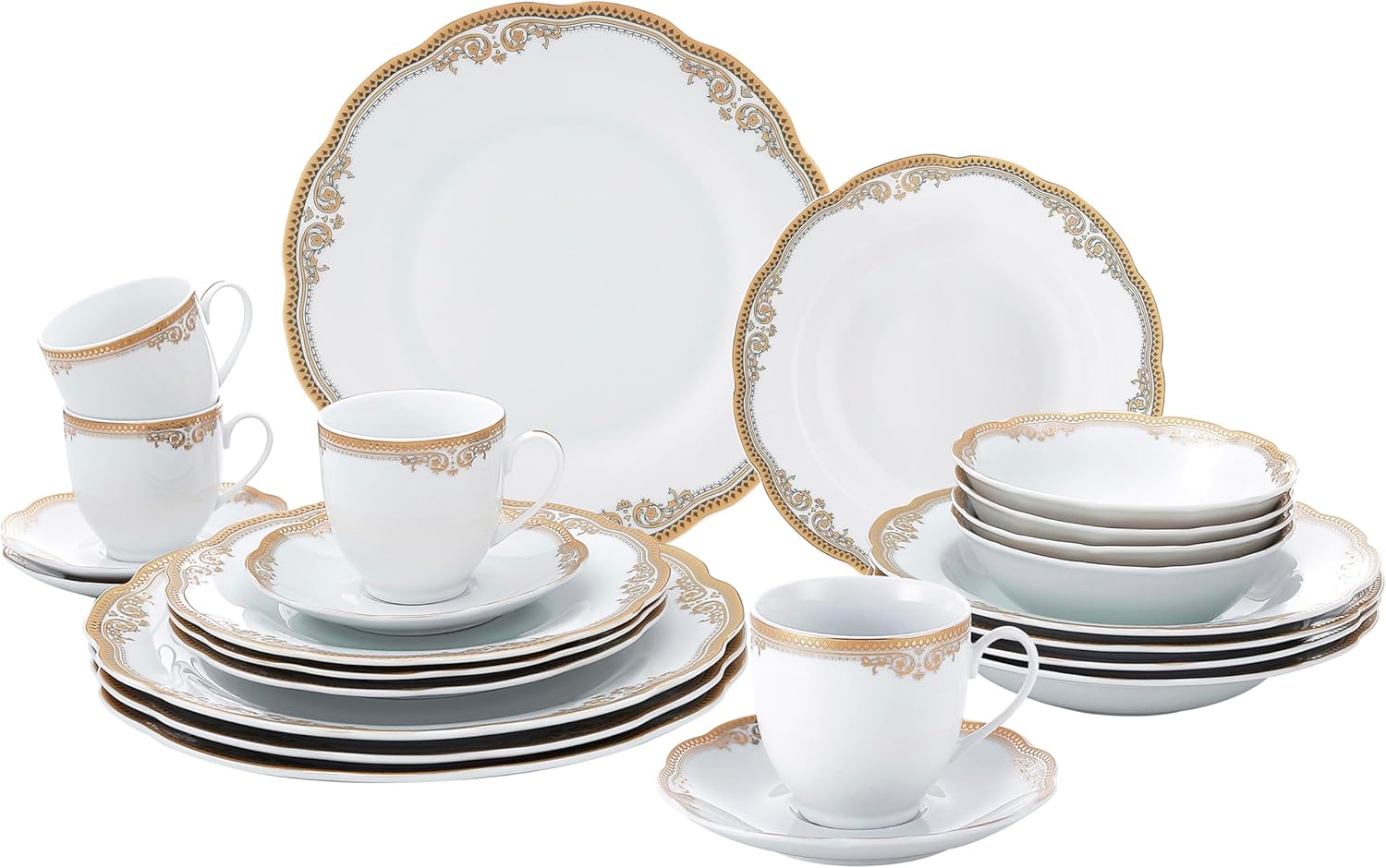 Lorren Home Trends Catherine 24 Piece Porcelain Dinnerware Set, Gold