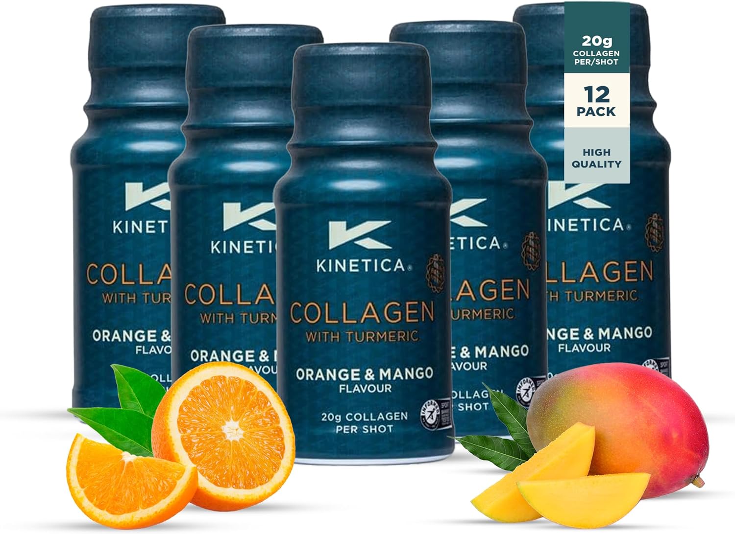 Kinetica Sports Collagen Shots with Turmeric - Orange & Mango Flavour | 20,000mg Bovine Collagen/Shot, 12 Shots/Pack | Contains 50mg Vitamin C | Beneficial for Joint, Ligament, Muscle & Skin Health