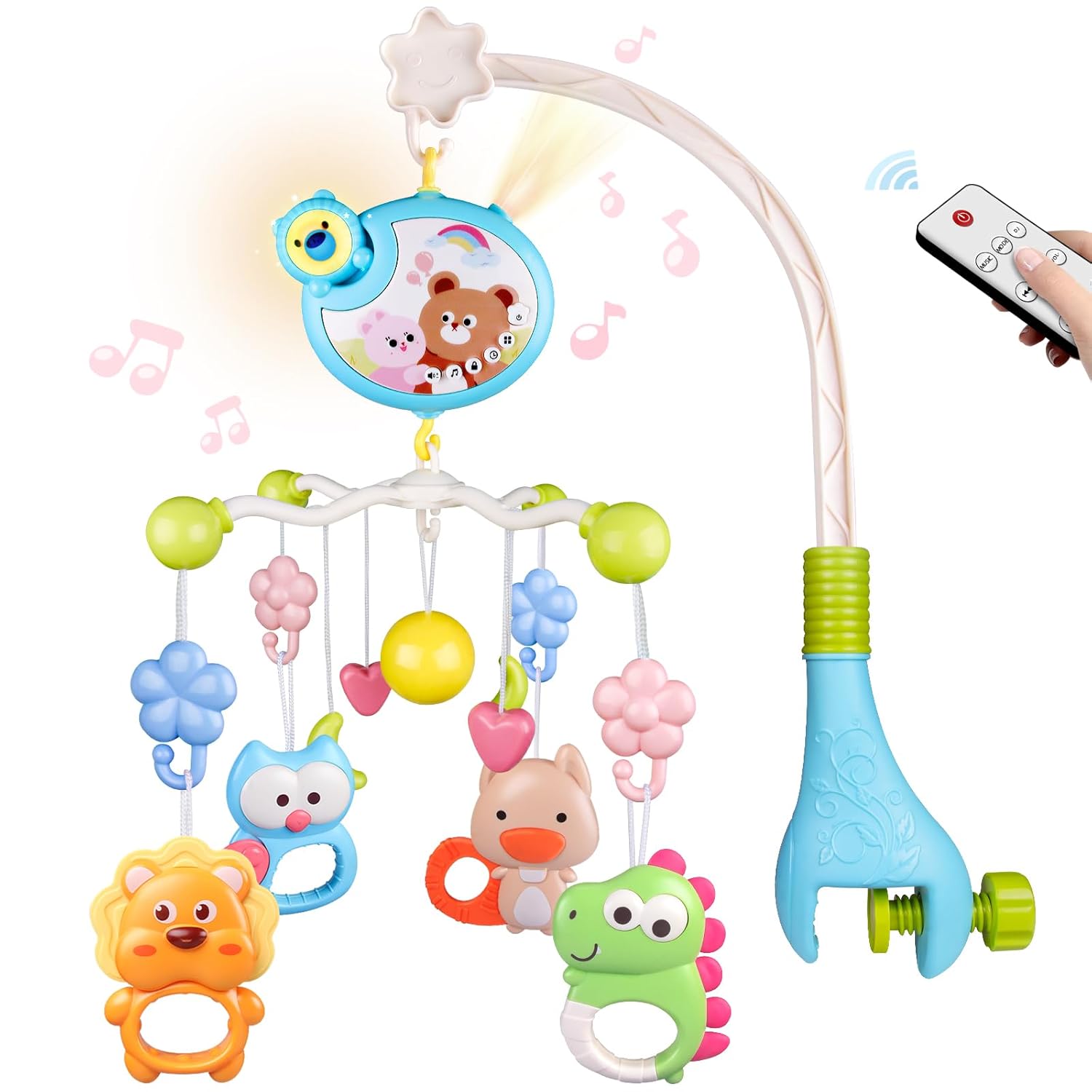 Crib Mobile with Music and Lights, Baby Mobiles for Cribs, Nursery Musical Mobile for Bassinets Toys Hanging Girls Boys, Pack and Play Space Portable Animal Mobile Hanger Arm Clip On Attachment