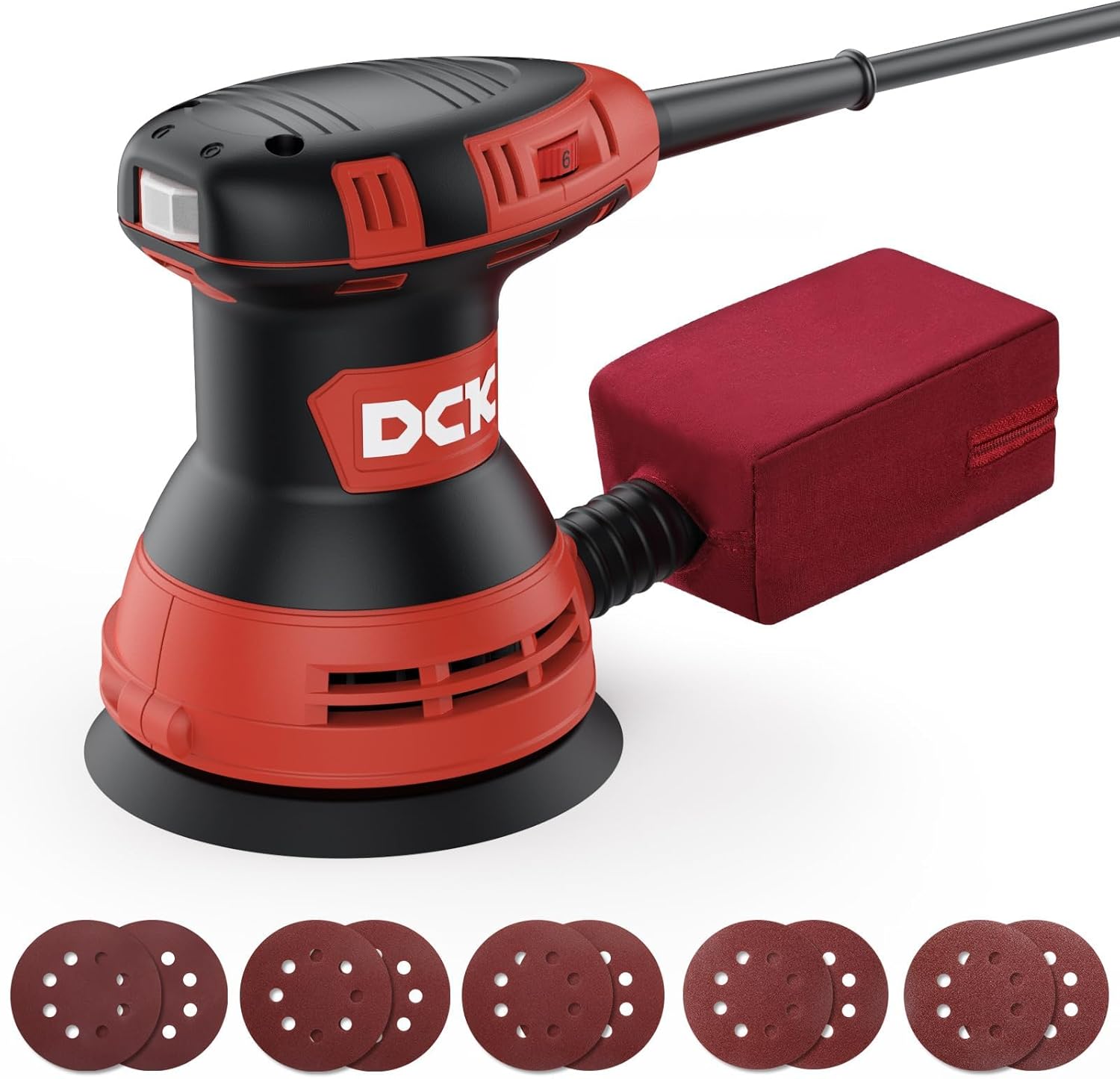 DCK Random Orbital Sander, 3.0 AMP Corded Palm Sander, 6 Speeds Max 12,000 OPM, 5-Inch with 10 pcs Sandpapers, Dust Bag, Low Vibration for Woodworking, Decoration Furniture (KSA125)