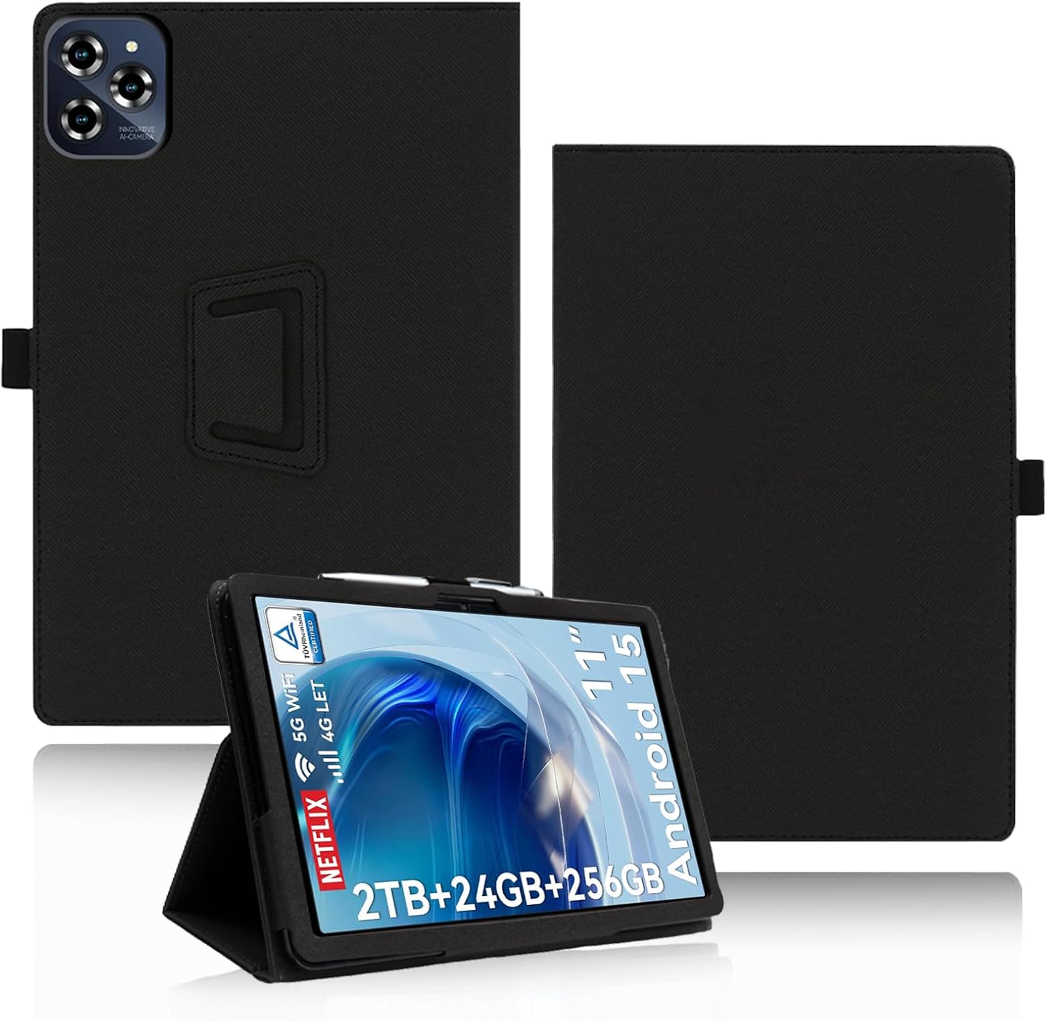 Case for TABWEE W90 Tablet 11 Inch, yystao PU leather Protective Cover Compatible with TABWEE W90 11 inch - Hand-strap design, Skin-textured full wrap design, Black