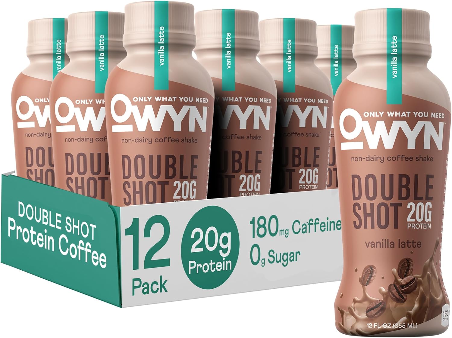 OWYN Only What You Need Double Shot Dairy Free Keto Protein Coffee Shake, Vanilla Latte, 0g Sugar, 20g Plant Based Protein, 180mg Caffeine, Gluten & Soy Free, Non-GMO, Vegan (12 Pack, 12 Fl Oz)