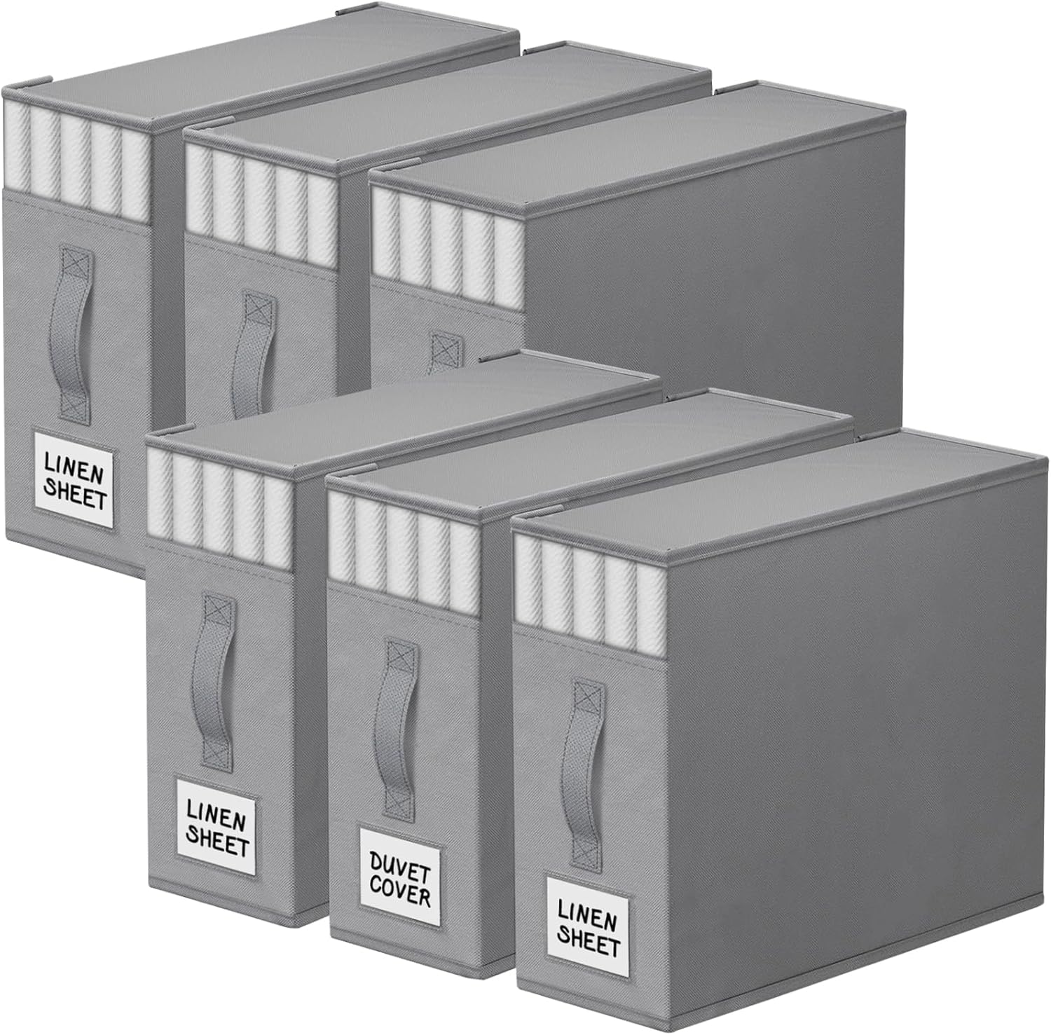6 Pack Bed Sheet Closet Organizers and Storage,Sturdy Foldable Storage Containers with Window and Label,Storage and Organization for Bedding Sheets,Duvet Covers,Blankets (Grey)