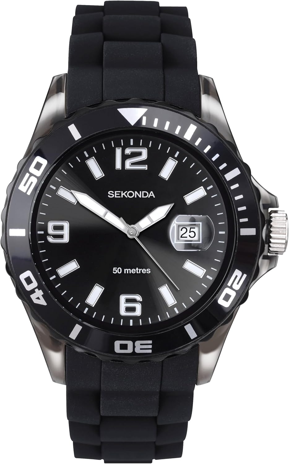 Sekonda Mens 44 mm Black Analogue Watch Magnified Date Bubble and Silicone Strap Water Resistant 50 m