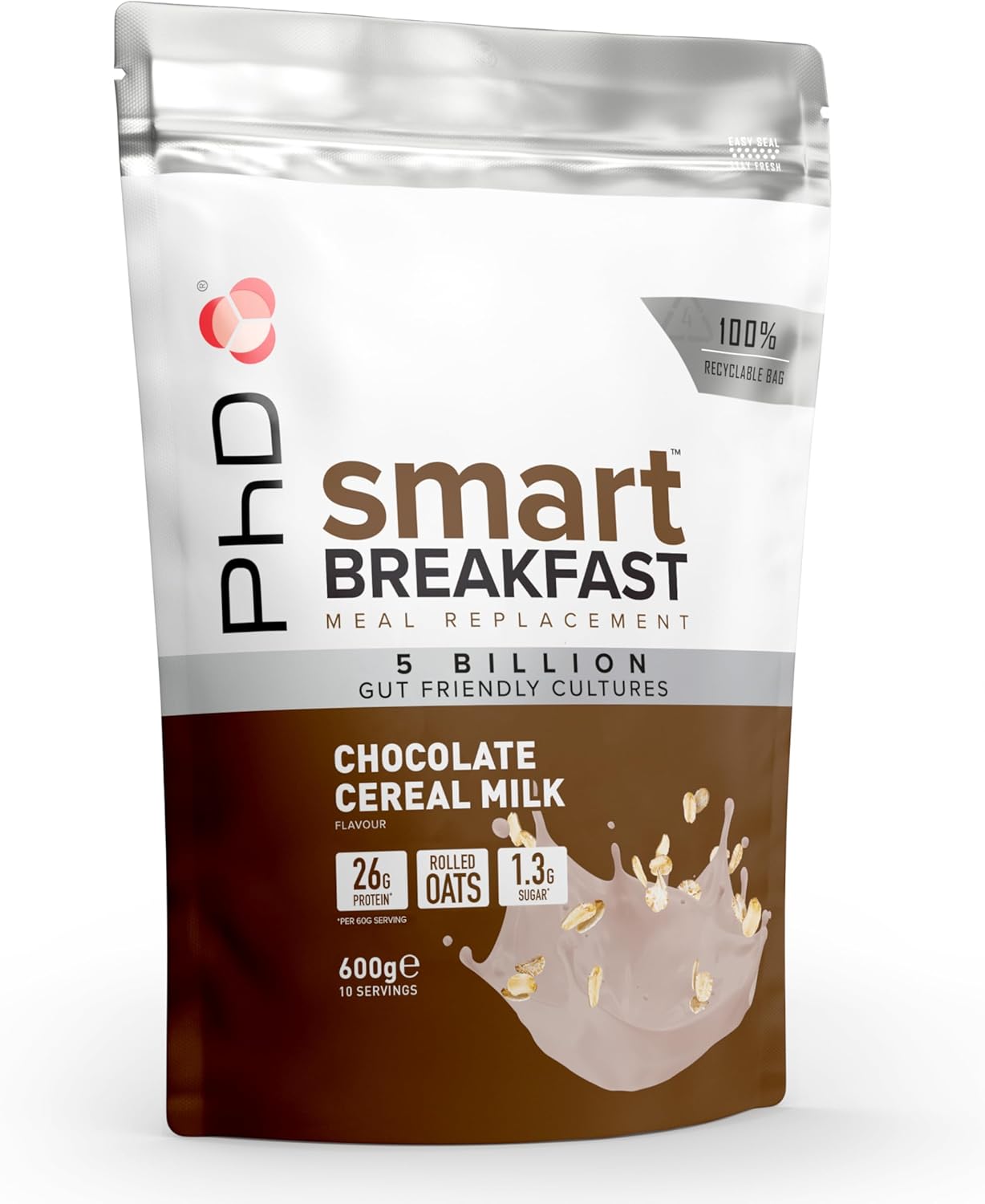 PhD Smart Breakfast Shake, with High Protein, Essential Vitamins and Minerals, Probiotics and Digestive Enzymes, Chocolate Cereal Milk Flavor, 26 g Protein,10 Servings