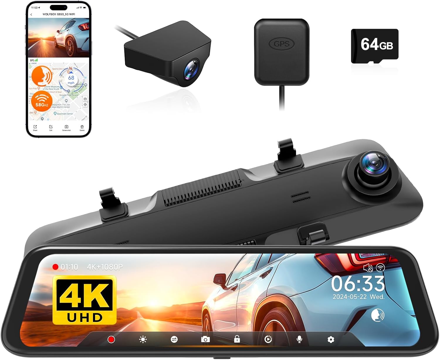 WOLFBOX G850 12" 4K Rear View Mirror Dash Cam Front and Rear with 5.8GHz WiFi and Voice Control, Smart Mirror Camera with 1080P Reversing Rear Camera, WDR, Night Vision, Includes 64GB Card & GPS
