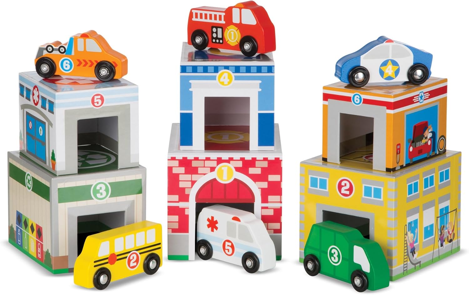 Melissa & Doug Nesting & Sorting Buildings & Vehicles | Wooden Toy & Trains | Trucks & Vehicles | 2+ | Gift for Boy or Girl - FSC Certified
