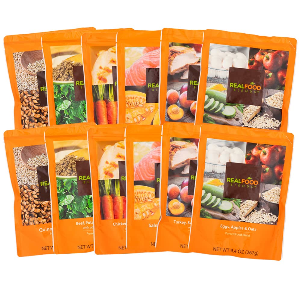 Real Food Blends - Variety Pack - Pureed Food Pouches for Tube Feeding - Real Foods Blends with Turkey, Salmon & More - Feeding Pouches for Adults & Kids - Peg Tube Meals - 9.4 Oz Pouch (Pack of 12)
