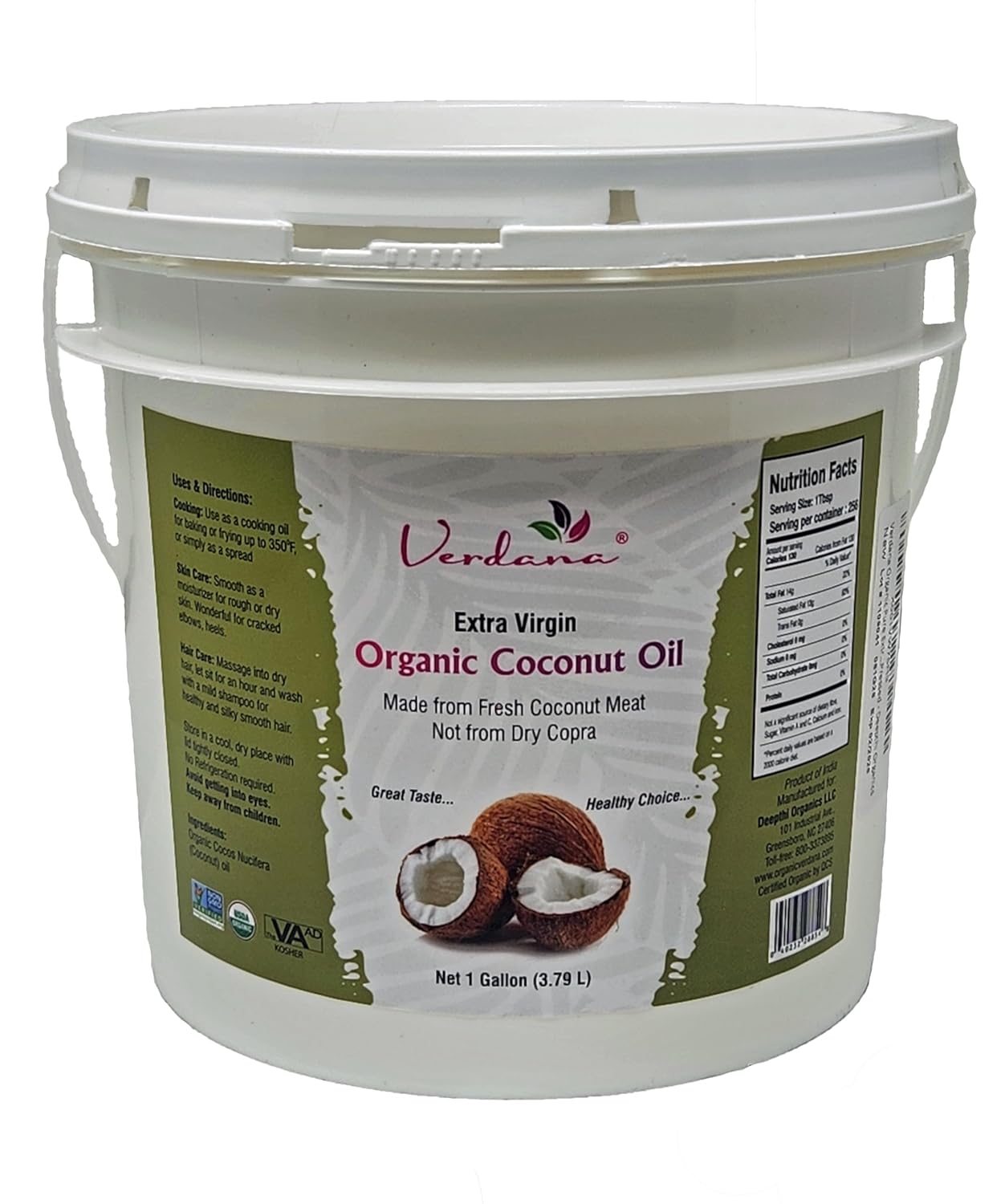 Verdana Extra Virgin Coconut Oil – USDA Organic, Unrefined Cold Pressed Oil for Baking and Cooking – 1 Gallon
