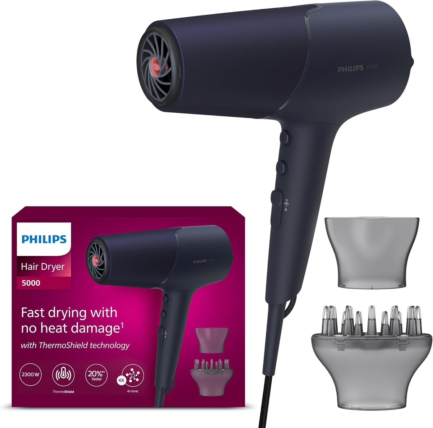 Philips Hair Dryer 5000 Series, ThermoShield Technology, Ionic, with Nozzle and Hair Diffuser, 2300W, Model BHD510/03