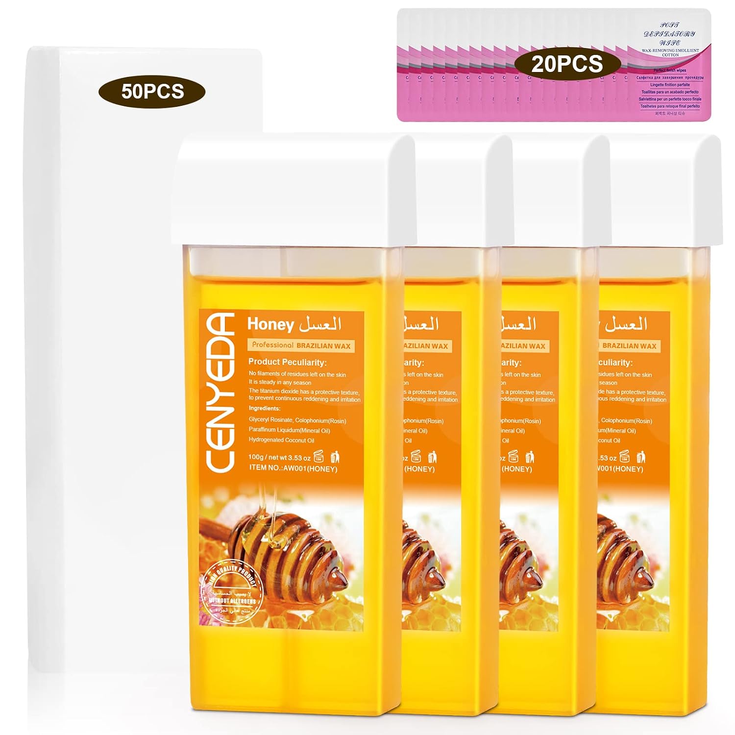 Roll On Wax Kit - Hair Removal Cartridges, 4 Pack Honey Rollers With 50 Strips and 20 After-Wax Treatment Wipes