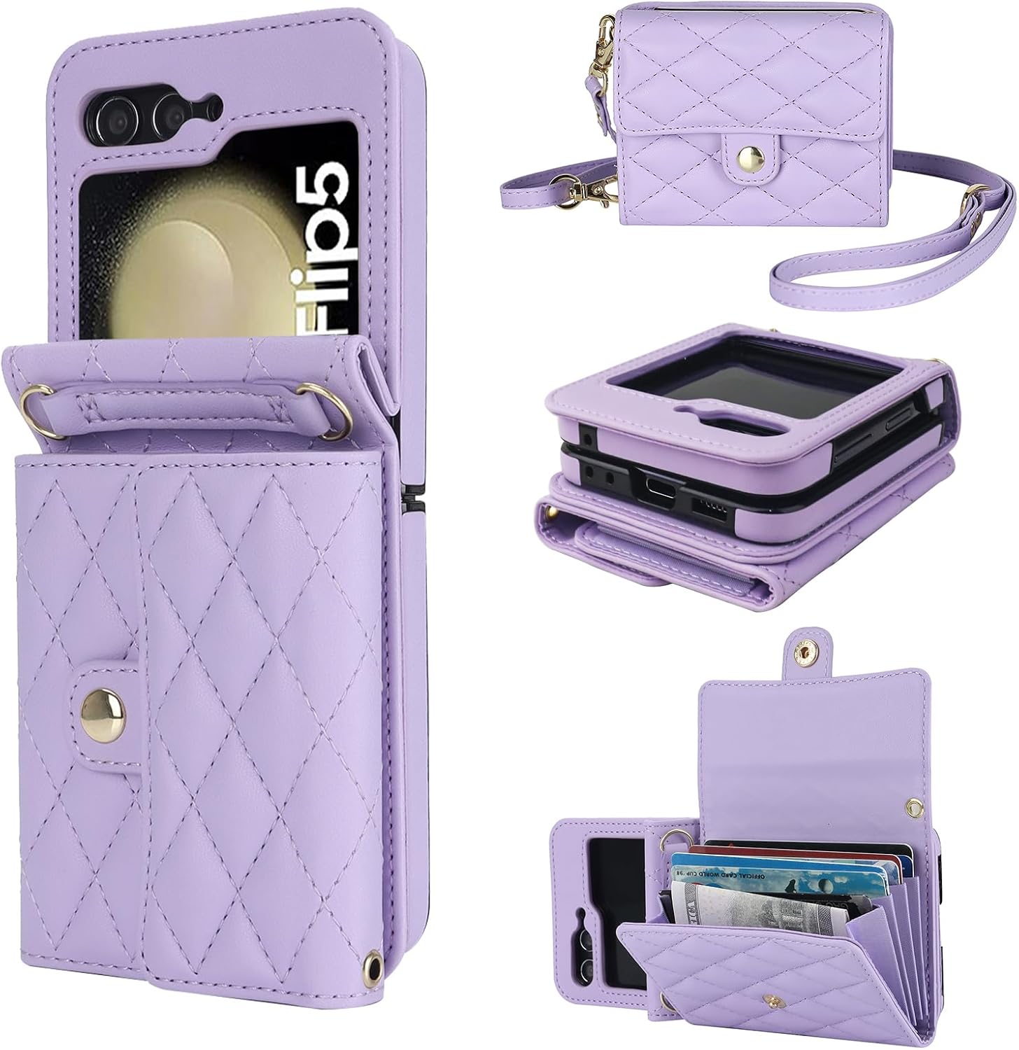 KIHUWEY for Samsung Galaxy Z Flip 5 Wallet Case, Crossbody Purse with Credit Card Slot Holder RFID Blocking PU Leather Adjustable Lanyard Detachable Strap Wrist for Women (Purple)