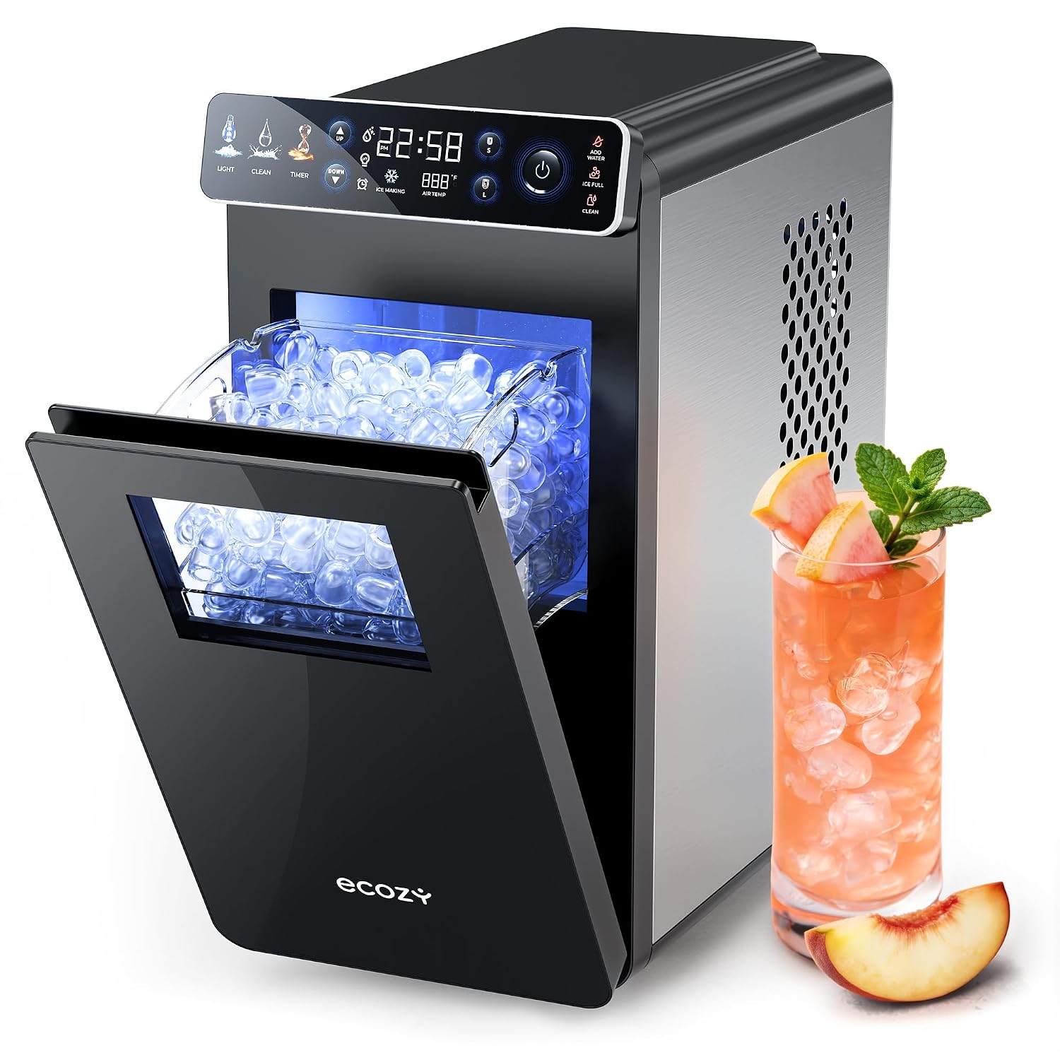 ecozy Ice Maker Machine Countertop, Portable Small Size with Full-Color Panel, 24H Timer, 6 Mins Fast Ice, 12kg/24H, 2 Ice Sizes, Self-Cleaning with Ice Bags, Scoop, Basket for Kitchen, Office, Party