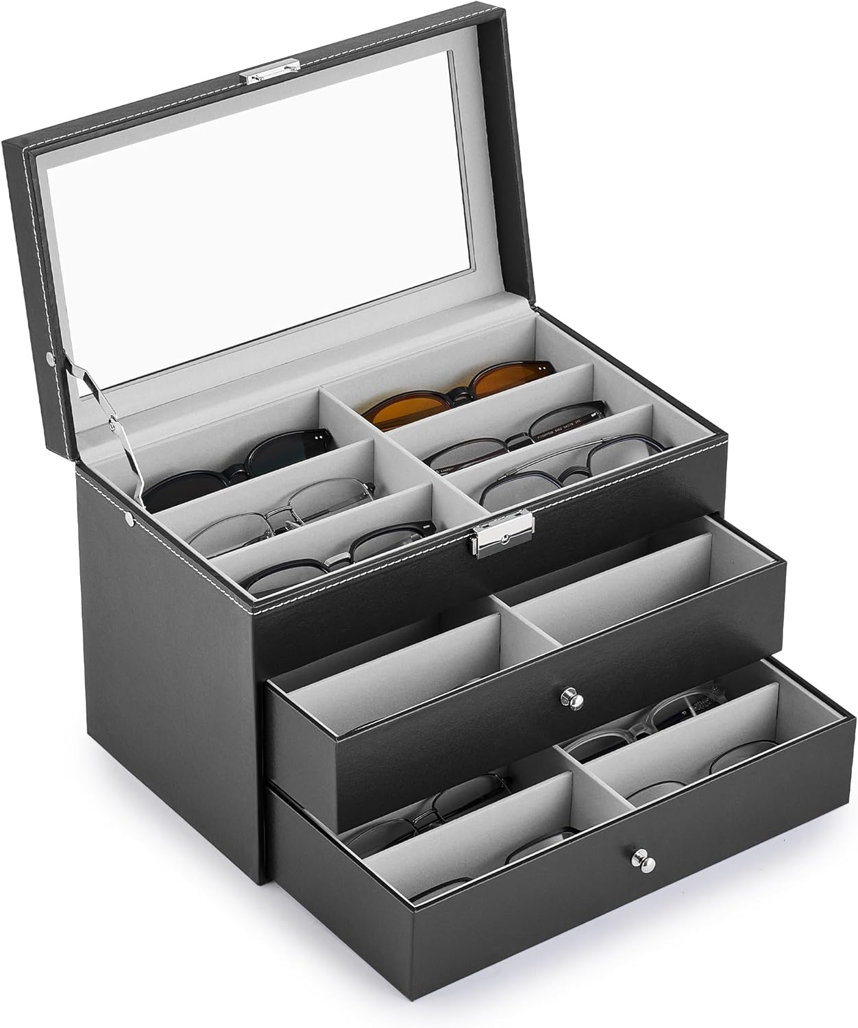 CO-Z Sunglasses Storage Box for Women and Men, 8,12or 18 Slots Leatherette Sunglass Storage Organiser, Eyeglasses Eyewear Organizer Display Case with Lock