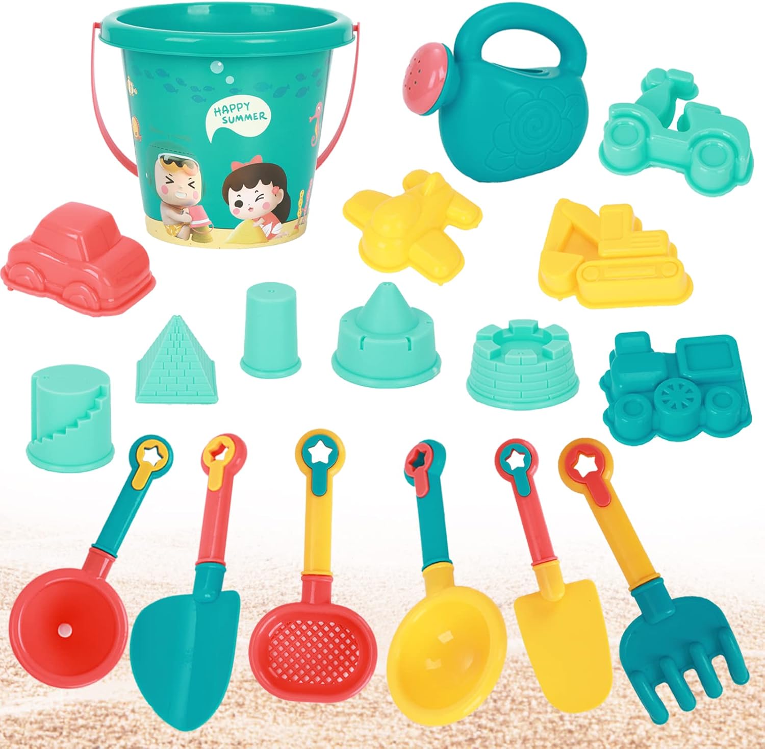 Gukasxi Beach Toys Set for Kids, 18 Pcs Sand Toys with Buckets, Watering Cans, Shovels, Rakes, Castle, Digger, Car Molds and Reusable Mesh Bag, Outdoor Fun Sand Tools for Toddler Children Boys Girls