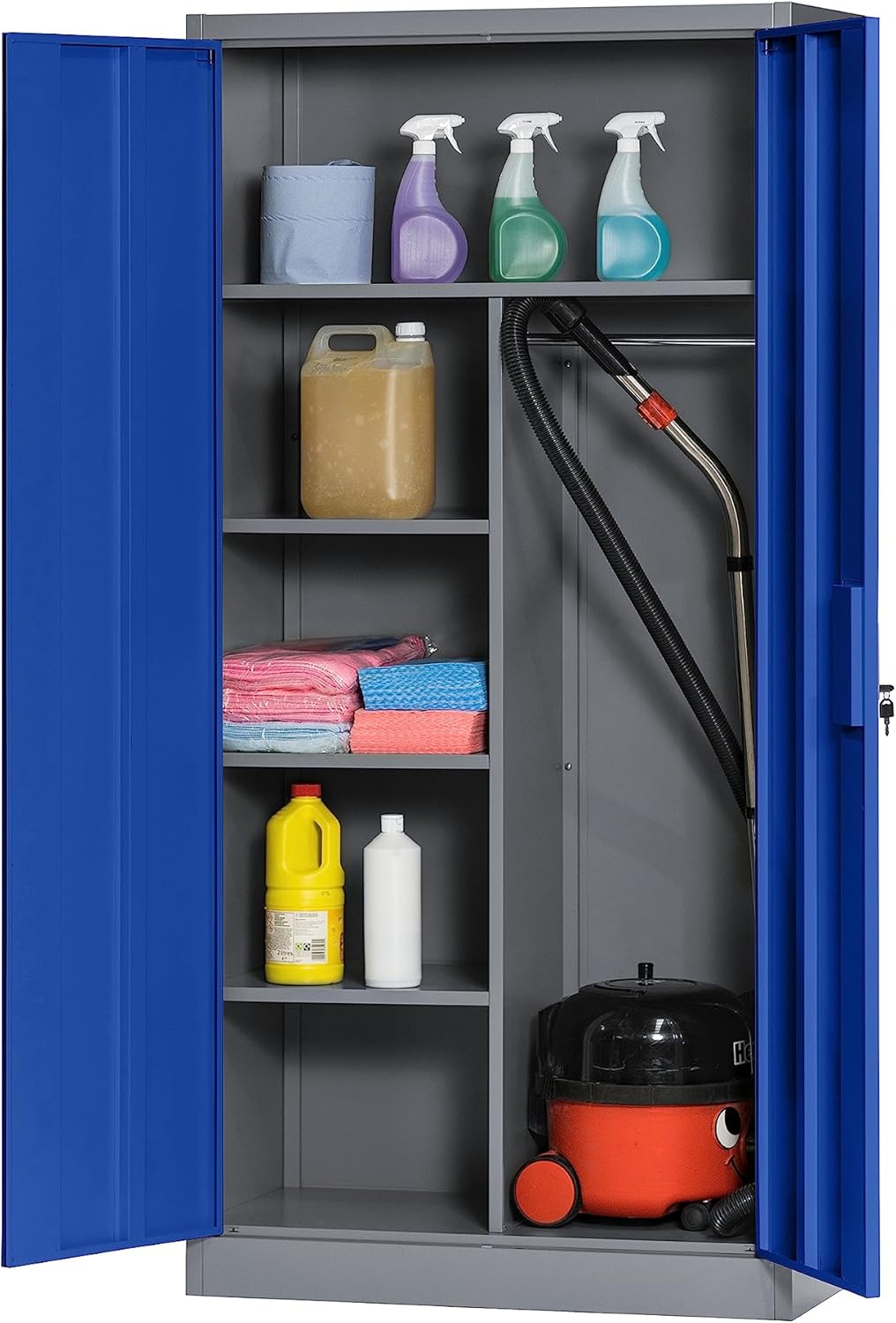 The Workplace Depot Heavy Duty Metal Storage Locker Steel, Vandal-Resistant, 4 Adjustable Shelves, Lockable Doors, Blue Powder Coating – Ideal for Industrial and Office Use (Blue)