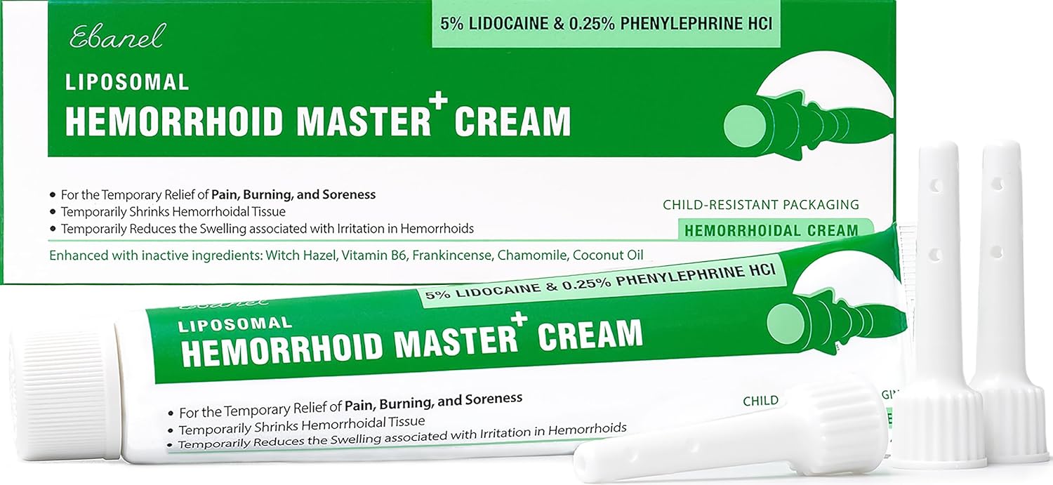 Ebanel 5% Lidocaine Hemorrhoid Treatment Cream with Witch Hazel, Phenylephrine, Horse Chestnut, Vitamin B6, Zinc Oxide, External and Internal Hemorrhoids Treatment Burn Itch Pain Relief Anal Cream