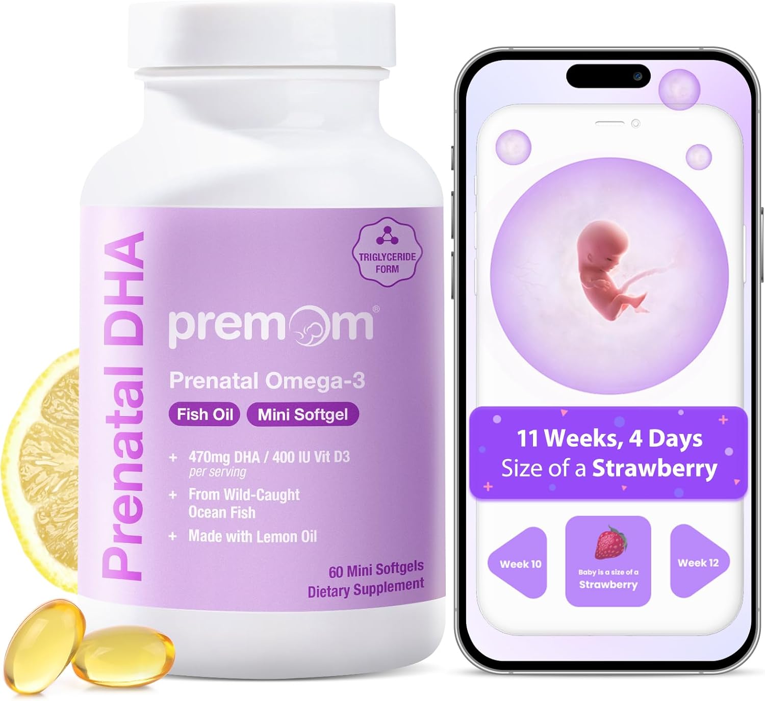 Premom Prenatal DHA Fish Oil: Triglyceride Omega 3 with 470mg DHA, 200mg EPA + 400 IU VIT D3 Supplement - Fertility Support for Women - Globally Sourced from Wild Caught Fish