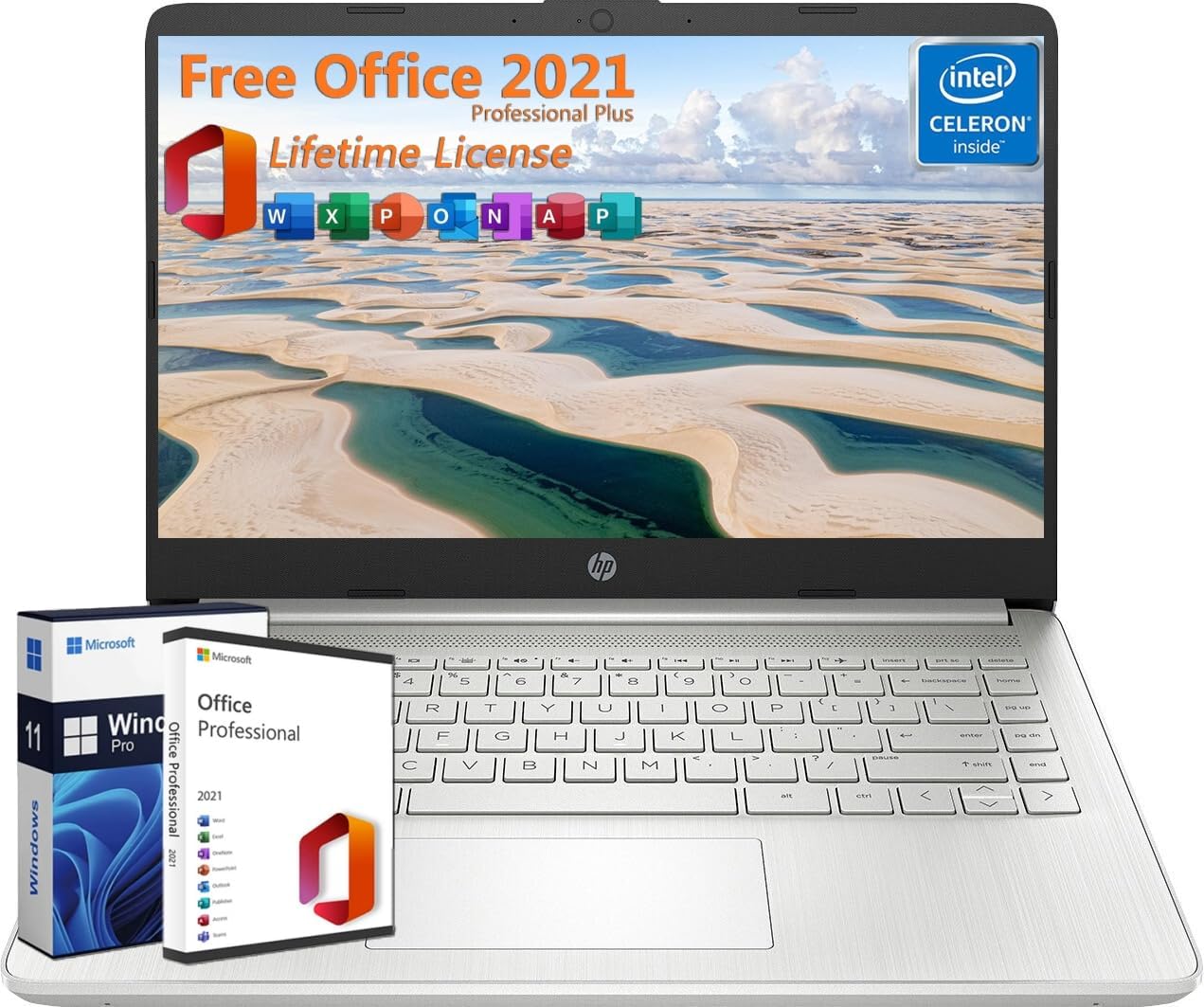 HP 14" Laptop Student Business, with Office Lifetime License & Windows 11 Pro, Intel Dual-Core N4120, 16GB RAM, 384GB Storage(128GB eMMC+256GB MSD), Ultra Light, Webcam, WiFi, Designed Mouse
