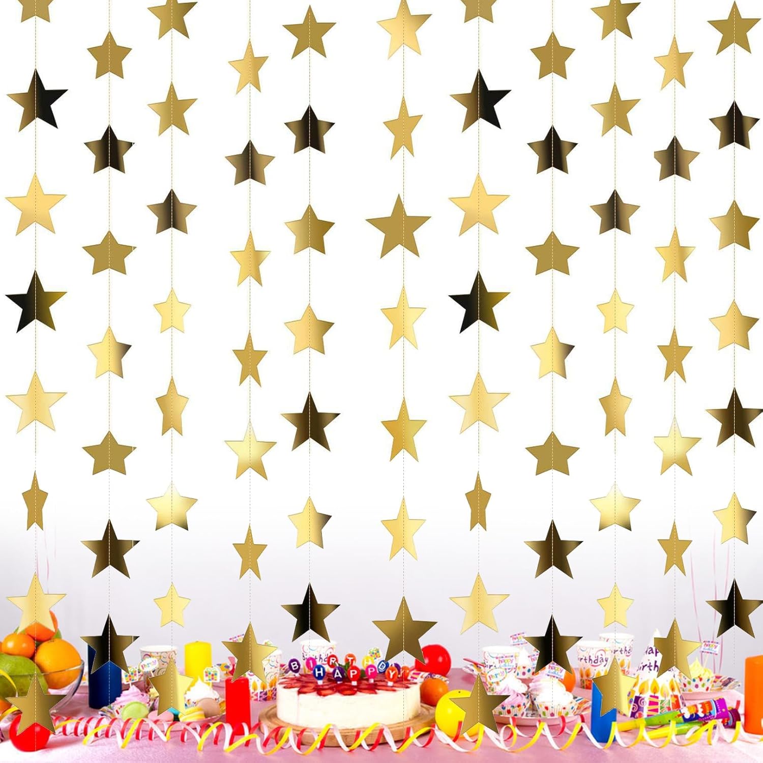 52 Feet Sparkling Star Bunting Banner Hanging Decoration,Glitter Star Garland Streamer Kit,Twinkle Little Stars Party Garlands,Reflective Stars Paper Garland For home gathering,wedding(Gold)