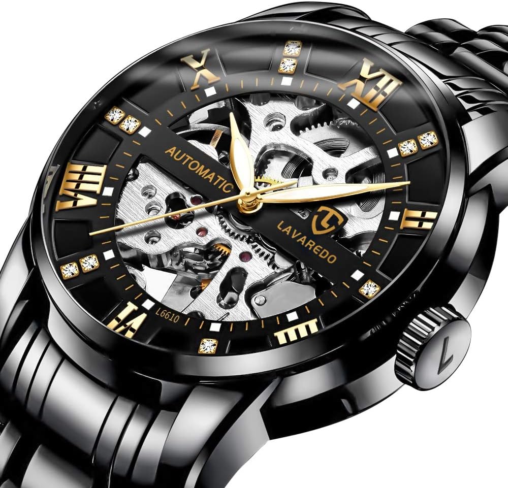 A ALPS Mens Watch Skeleton Luxury Mechanical Stainless Steel Waterproof Black Automatic Self-Winding Roman Numerals Diamond Dial Wrist Watch