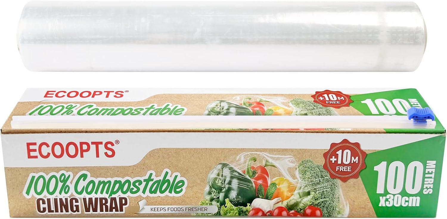 ECOOPTS 100% Compostable Cling Film with Slide Cutter | Free from BPA&Biodegradable | Microwave & Freezer Safe Cling Wrap | 30cm x110m