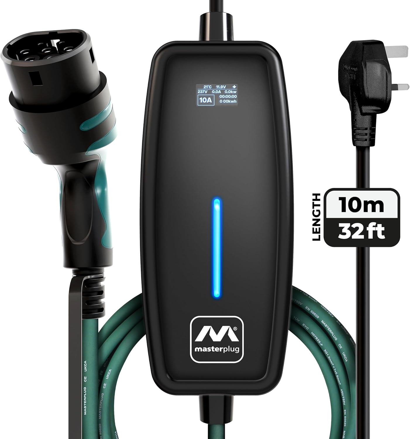 Masterplug EV Charging Cable for Electric and Hybrid Vehicles, 10 Metres, Mode 2, 3 Pin UK Plug to Type 2 Car Charger, 2.4kW, EVCM221010