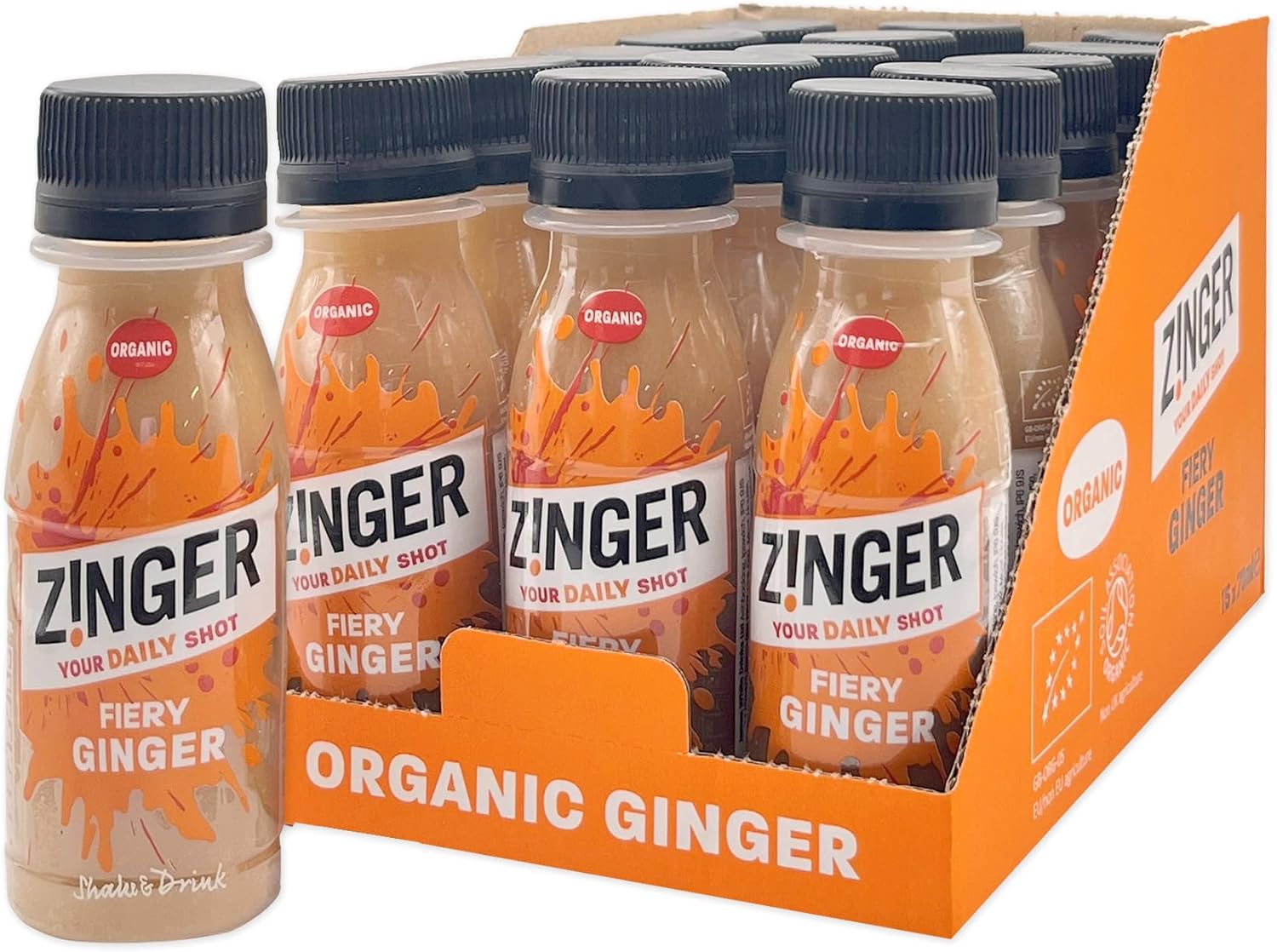 Zinger Ginger Shot (Pack of 15 x 70ml). Organic plant based shot with 18.4g of pressed ginger juice. Natural kick in a pocket-sized format with no added sugar.