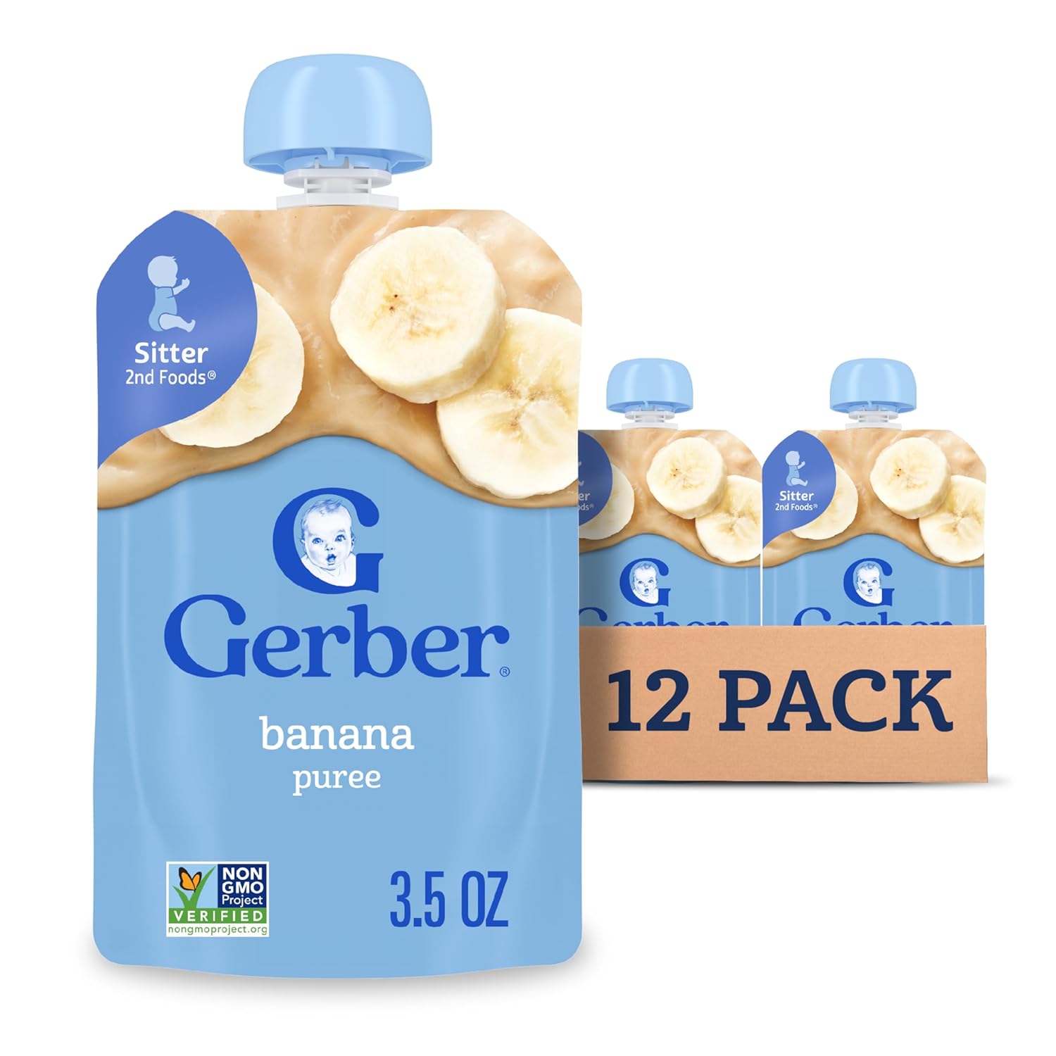 Gerber Stage 2 Baby Food, Banana Puree Pouch, 2 Servings of Fruit, No Added Sweetener, No Artificial Colors or Flavors, 12-Pack