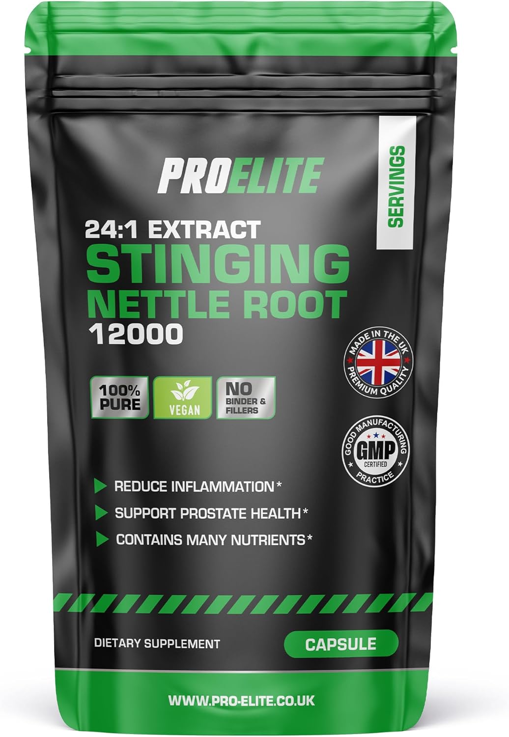 Stinging Nettle Root | 180 Capsules Vegan - 24:1 Extract 12,000mg Nettle Root per Capsule | High Strength Stinging Nettle Alternative to Powder NO Fillers & Binders | Made in UK by PROELITE