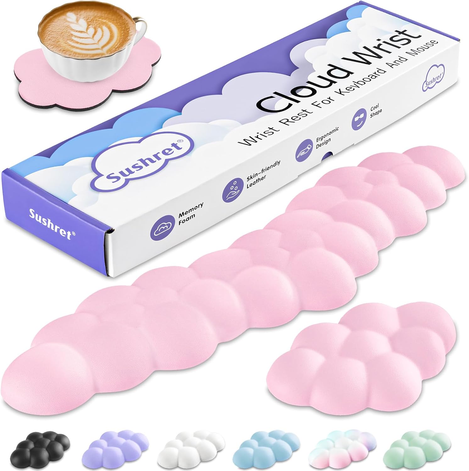 Sushret Cloud Wrist Rest Keyboard and Mouse Set, PU Leather Memory Foam Wrist Support Keyboard, Cute Cloud Arm Rest Pad & Palm Cushion, PC/Gaming Desk Accessory for Office, Computer Setup, Pink