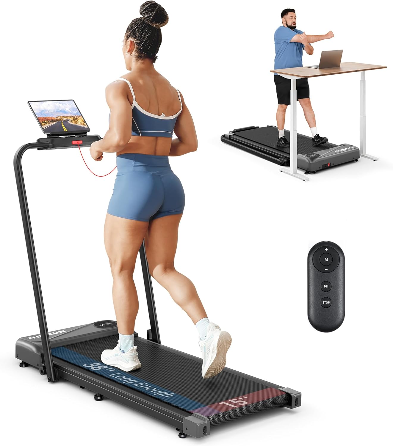 THERUN Walking Pad, 2 in 1 Foldable Treadmills for Home, 2.5HP Under Desk with Handle Bar, 16" Widened Running Belt, with Remote Control