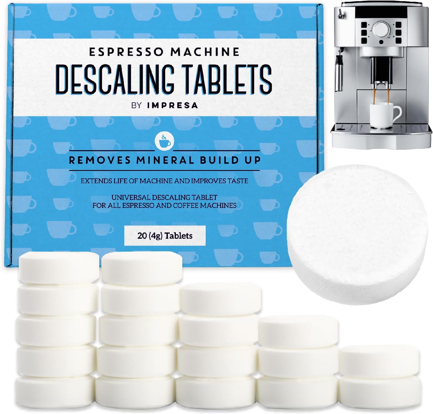 IMPRESA [20 Pack] Espresso Machine Descaler Tablets to Remove Mineral Build Up - Descaling Tablets intended for Breville, Jura, Miele, and Other Espresso Makers - Descale Espresso Cleaning Tablets