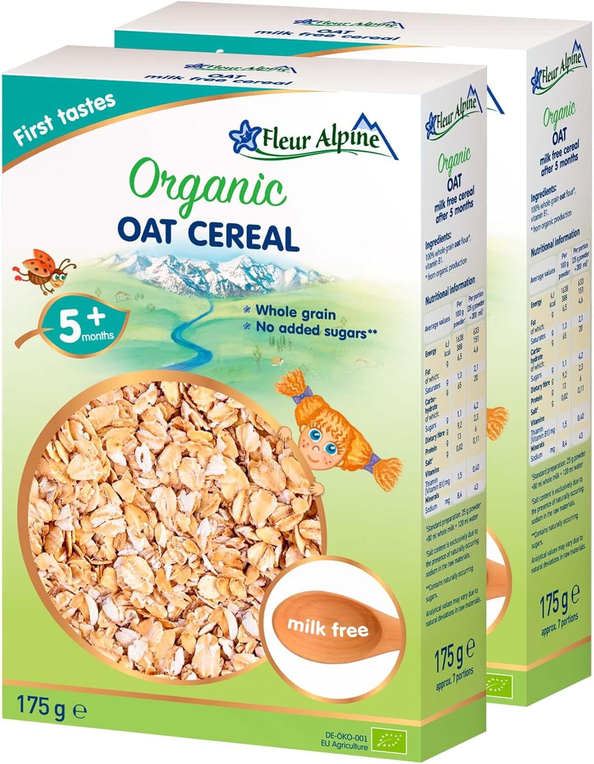 FLEUR ALPINE Baby Food | Organic Oat Baby Cereal Pack of 2 - Baby Porridge for Delicious Breakfast Meals | Nutritious and Instant Gluten Free Porridge 5+ Months with No Added Sugars | 2x7 Servings