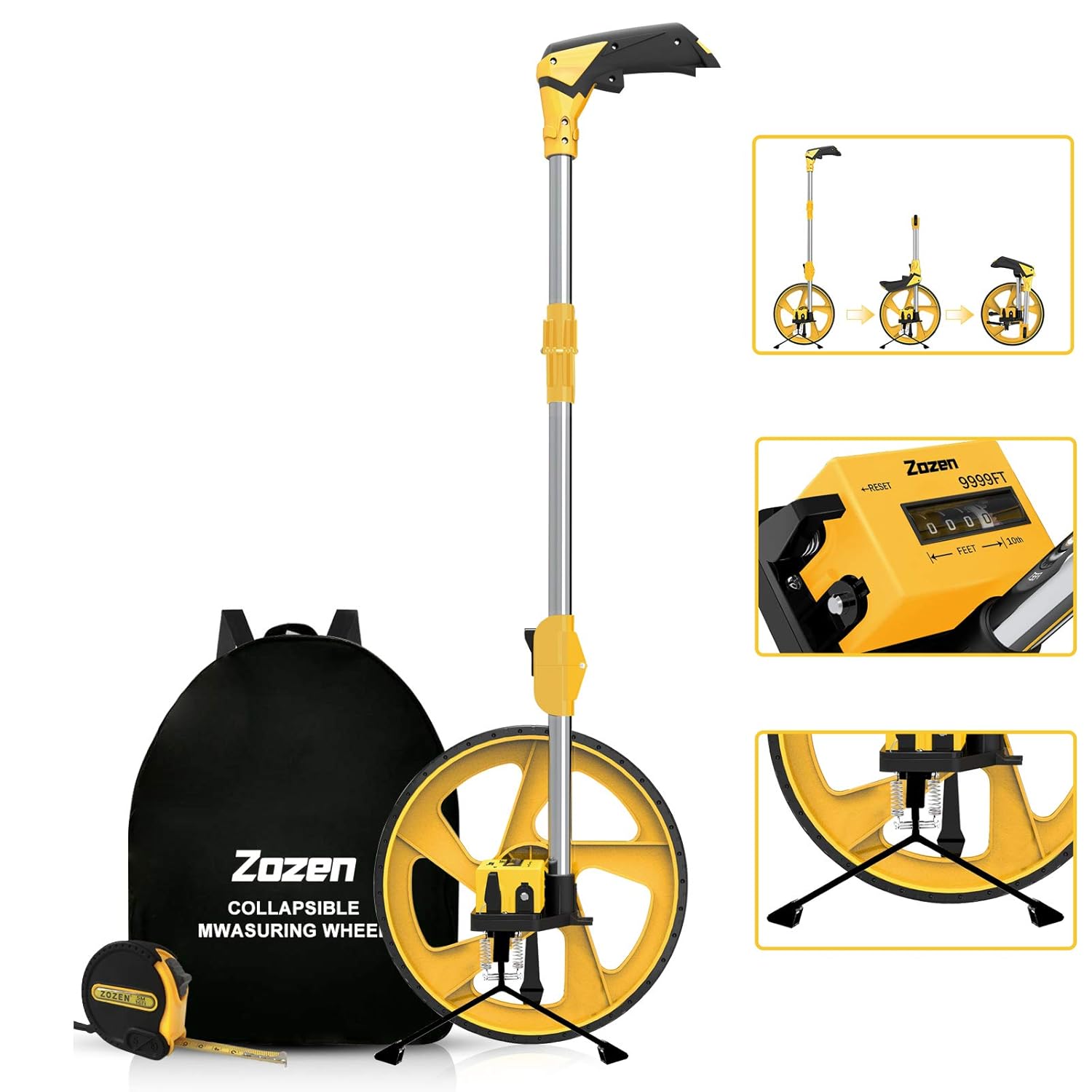 Zozen Distance Measuring Wheel in Feet and Inches, Collapsible Measure Wheel - Imperial Industrial with Big Kickstand to Keep Stand, Include Backpack and Tape Ruler, Adapt to Various Roads.