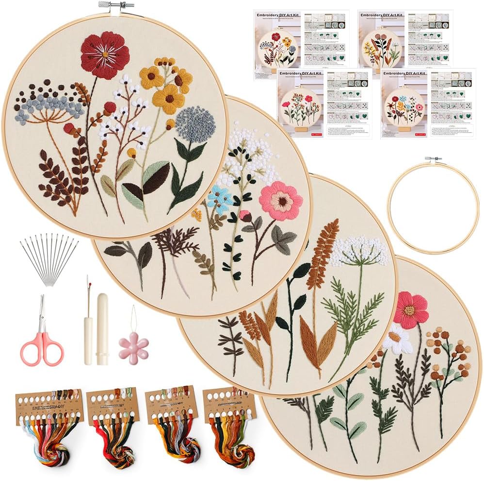 Embroidery Kit, 4 Sets Cross Stitch Kits for Beginners with Stamped Flower Pattern, Starter Kits for Adults Hand Craft Lover with Embroidery Hoop, Instructions and Threads