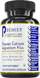 Premier Research Labs Calcium Magnesium Plus, Premier - for Bone, Joint & Teeth Health - Optimal Alkaline pH - with Sustainably Harvested Calcium Calcium - Mushroom Blend - 300 Plant-Sourced Capsulea