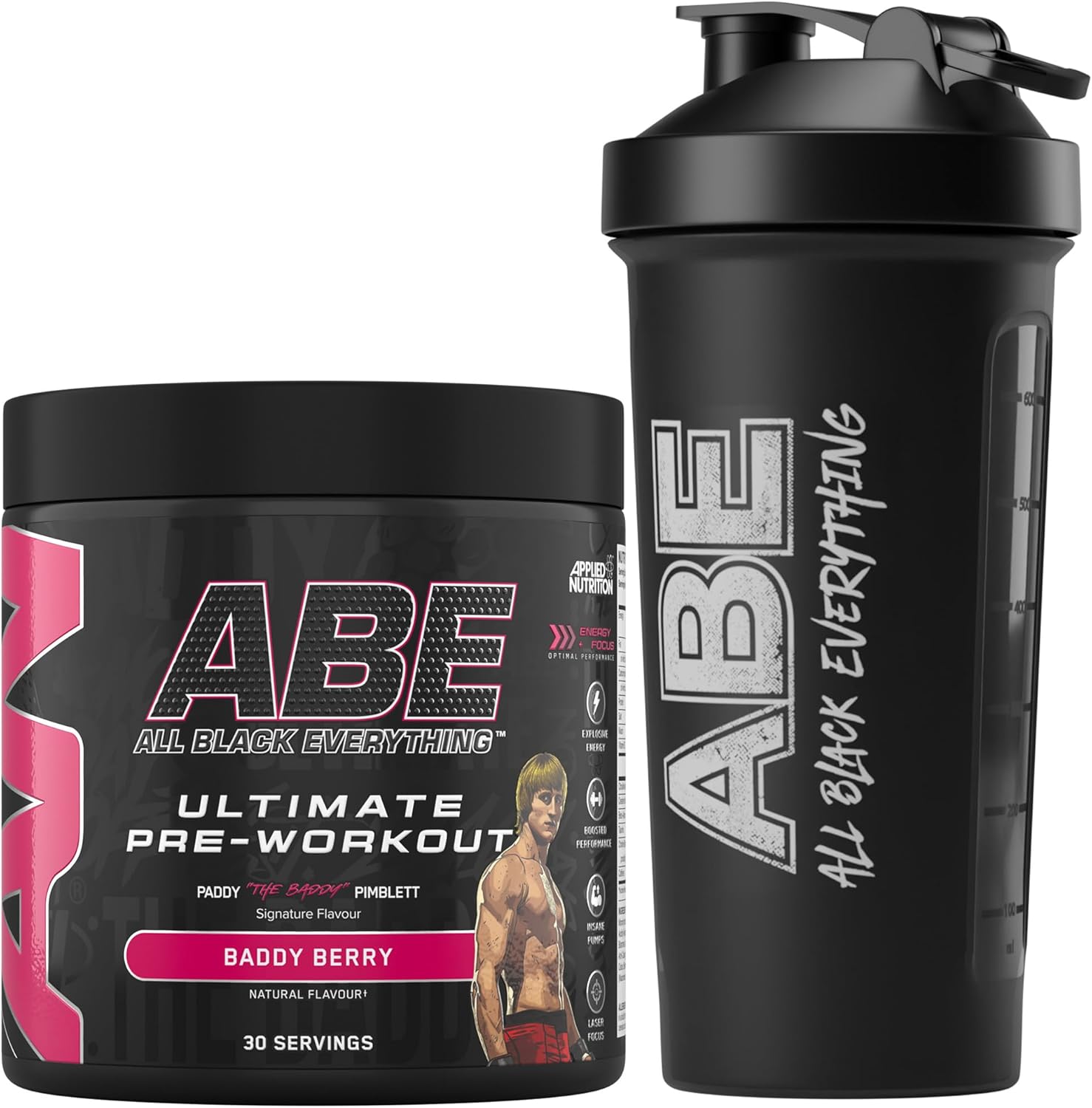 Applied Nutrition Bundle ABE Pre Workout 375g + ABE Black Shaker 700ml | All Black Everything Pre Workout Powder, Energy Drink, Physical Performance, Creatine, Beta Alanine, Caffeine (Baddy Berry)