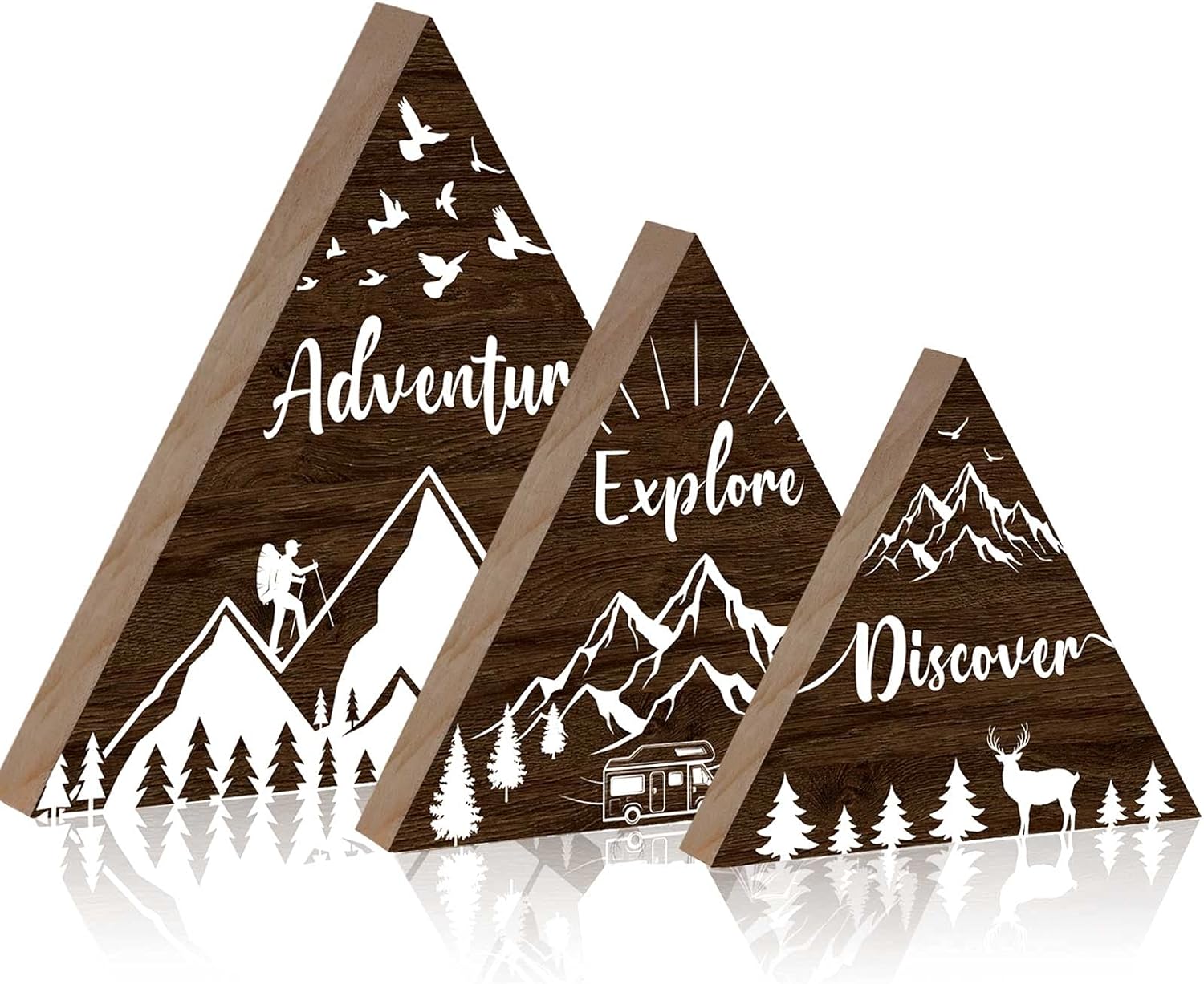 Jetec 3 Pcs 3 Size Wooden Mountain Shelf Decorations Woodland Adventure Travel Mountain Sign for Home Bedroom Bathroom Shelf Wall Rustic Farmhouse Table Centerpiece Decoration(Brown)