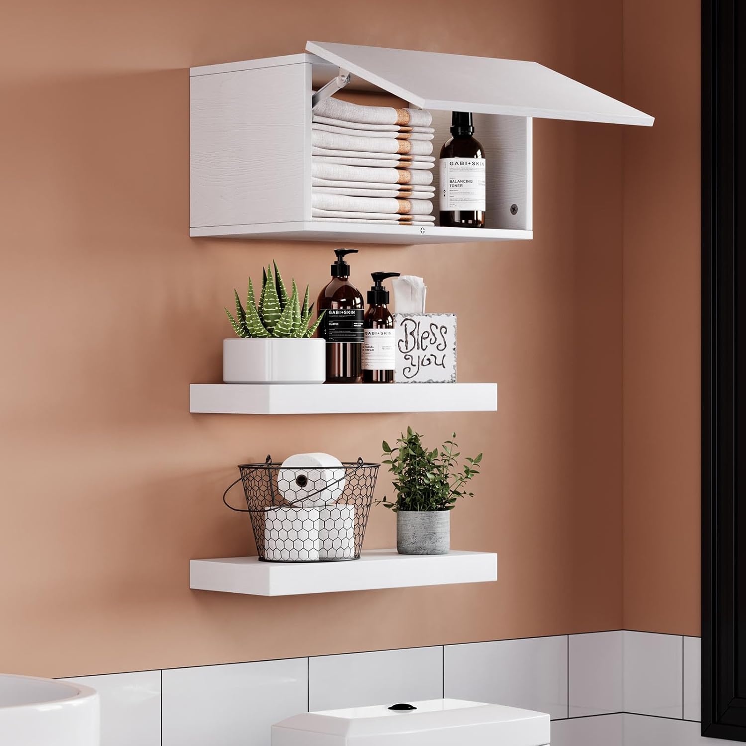 Bathroom Shelves Over Toilet with Stroage Cabinet,Wall Mounted Floating Shelves for Home Organization & Wall Decor,Small Wooden Shelf 16 inch Set of 3,White