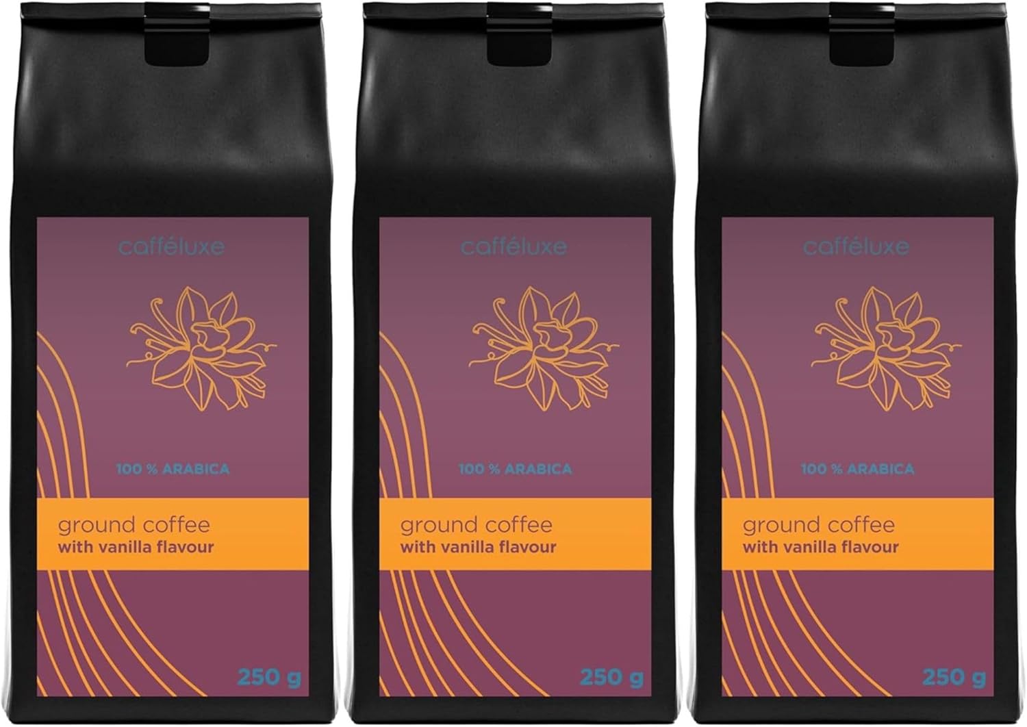 Caffeluxe - Vanilla Flavoured Ground Beans -100% Arabica Beans - Naturally Flavoured Beans - Filter Coffee, Mocha Pot, Coffee Machine - 3X 250g Per Bag